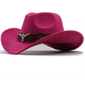 Unisex Hot Pink 100% Polyester Bull Skull Band Classic Fedora Felt Cowboy Hat